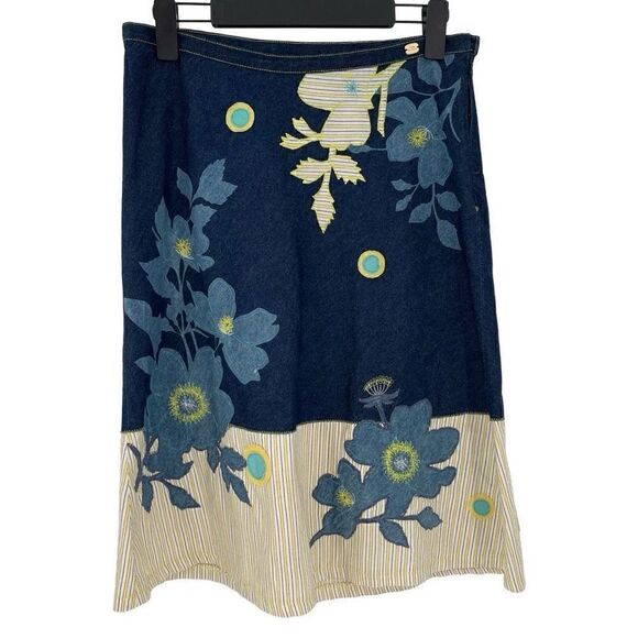 Ted Baker Dresses & Skirts - Ted Baker Denim A-Line Applique‎ Midi Skirt Cotton Floral Blue Yellow Women 2